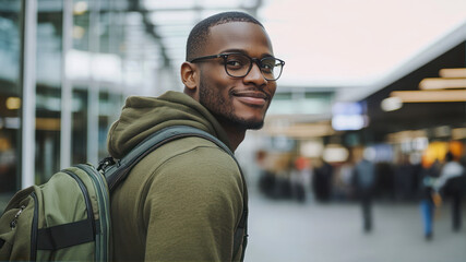 A Black Man With Glasses and a Backpack Smiles at an Airport Terminal in Early Morning Light