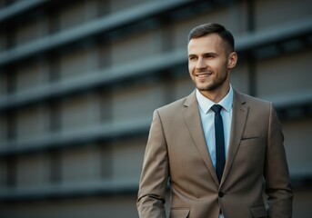 Fototapeta premium Successful man with a winning smile, dressed in a suit, standing in a modern city.