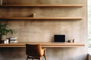 Home office interior wood furniture bookshelf.
