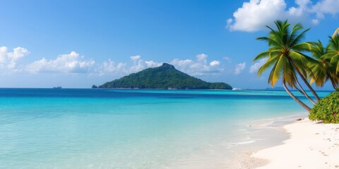 Tropical beach with white sandy shoreline, crystal clear ocean water, lush palm trees and a small island in the background, tropical, travel