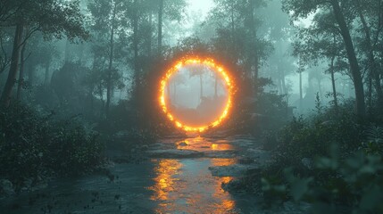 Fototapeta premium Explore the enigmatic portal a mystical journey through a luminous forest landscape at dusk