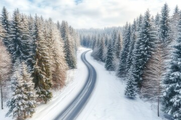 A narrow road meanders through a tranquil winter forest blanketed in snow.