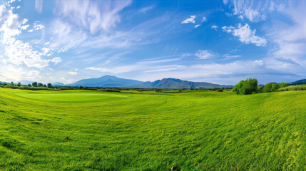 Fototapeta premium Beautiful green grass field with a blue sky and mounains
