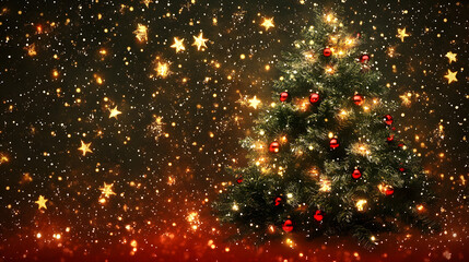 un fondo iluminado con destellos de luces brillantes con un arbol de navidad decorado alegre y con luces para tarjeta navideña o diseño con espacio de copia