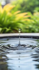 A single droplet falls into water, creating ripples in a tranquil garden setting.