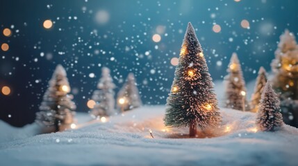Cozy Christmas decoration with mini Christmas tree and lights on snowy background 