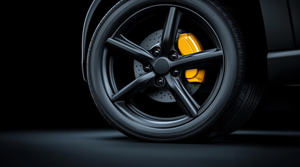 A black car with a yellow wheel