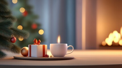 A white mug with a candle in it sits on a tray next to a white box
