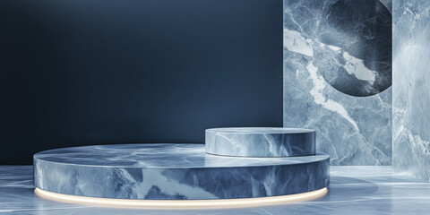 Blue marble podium with organic white veins, creating an elegant display space for products, illuminated by focused lighting