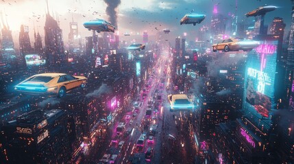Obraz premium Futuristic cityscape showcases flying cars and neon lights in an urban wonderland