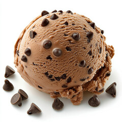 A scoop of chocolate ice cream with chocolate chips, isolated on a white background, showcasing rich flavor and texture