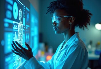 A scientist in a lab coat uses a holographic interface to explore the intricate details of human anatomy. The environment is illuminated with blue light, showcasing advanced technology and a deep focu