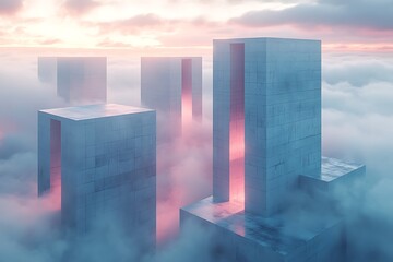 Abstract architectural structures rise from the clouds at sunset.