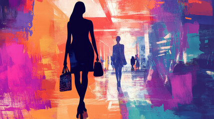 Elegant silhouettes of women walking with shopping bags in vibrant, abstract setting