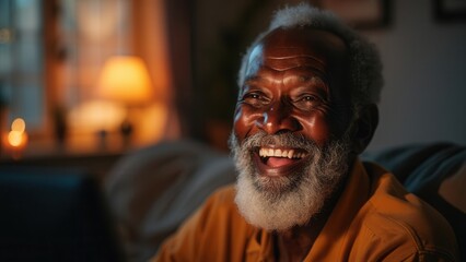 Fototapeta premium An elderly man with a vibrant smile sits comfortably at home. The warm glow from a nearby lamp casts a gentle light, creating a cozy atmosphere as he takes in the moment.