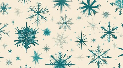 Retro snowflake pattern in shades of teal and white with a mid-century modern style on a warm cream background.