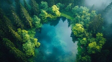 Aerial view of a serene pond surrounded by lush, vibrant trees in a dense forest, evoking tranquility and natural beauty, Ideal for eco-friendly projects, relaxation themes, or nature-related content