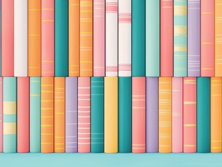 Colorful bookshelf with vibrant pastel book covers arranged vertically.