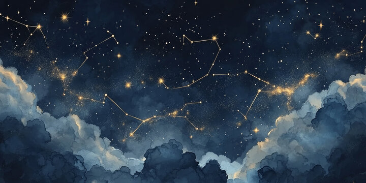 Seamless night sky pattern with gold foil constellations and stars, soft watercolor clouds in rich midnight hues, creating a dreamy celestial look