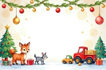 Fototapeta premium frame for text made from colourful kids toys, nature forest animals, toy cars, balls, cubes, with golden garland lights, on white Christmas background, festive golden bokeh 