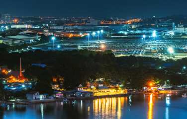Fototapeta premium Aerial view of Laem Chabang Port. The largest port in Thailand, located in the Eastern Economic Corridor (EEC) development project.