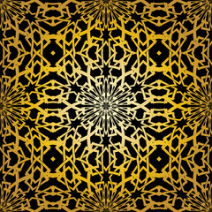Geometric gold lace seamless pattern. Arabic tile lattice vector background.
