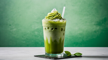 Green Tea Frappe Delight: A refreshing glass of iced matcha latte, topped with whipped cream and a straw, sits invitingly on a marble surface.