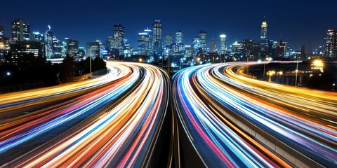 Cityscape with Light Trails on Highway at Night