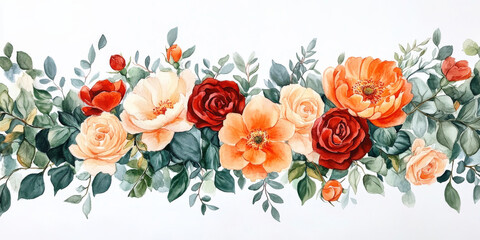 Watercolor floral illustration with vibrant orange flowers, red roses, and delicate peach peonies in a greenery border, creating a perfect frame for wedding stationery