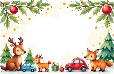 frame for text made from colourful kids toys, nature forest animals, toy cars, balls, cubes, with golden garland lights, on white Christmas background, festive golden bokeh 