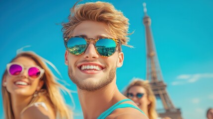 Happy Tourist Man In Sunglasses With Eiffel Tower Reflection In Paris