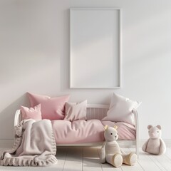 white pastel colors, boho kids bedroom mockup blank frame