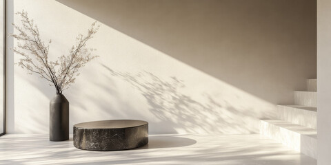 Sleek black stone pedestal with polished finish, ideal for highlighting luxury products in a minimalist setting