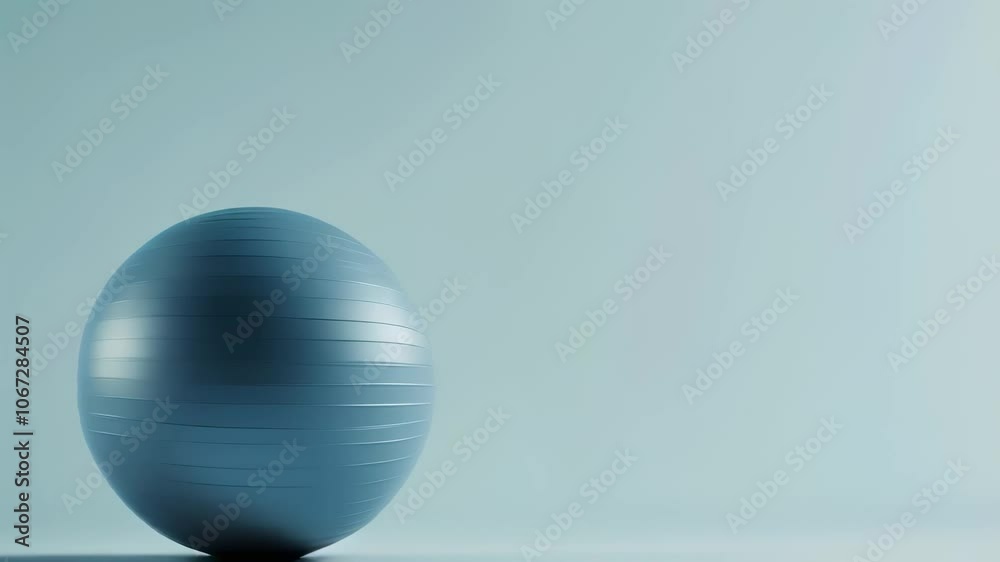 Poster large inflatable fitness ball sits on light blue floor against matching wall, creating a simple yet 