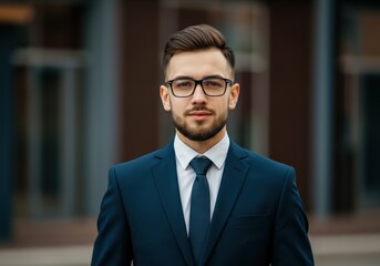 Fototapeta premium Young Man in a Suit and Glasses Looking at the Camera