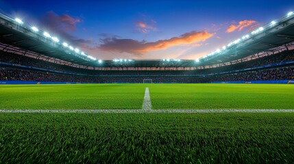 Fans fill stadium stands eagerly watching match unfold field as floodlights illuminate vibrant evening sky creating electric atmosphere.
