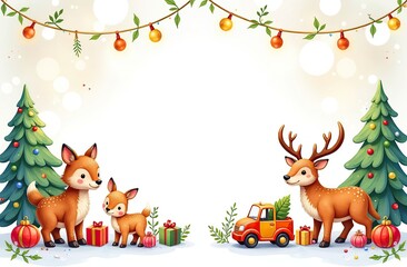 Obraz premium frame for text made from colourful kids toys, nature forest animals, toy cars, balls, cubes, with golden garland lights, on white Christmas background, festive golden bokeh 