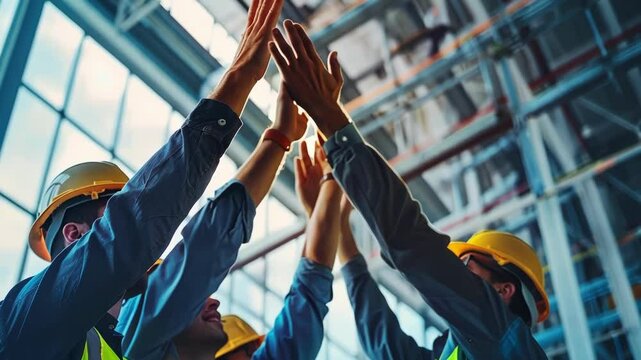 A team of workers highfiving each other after successfully completing the vibration process proud of their hard work and dedication to the project.