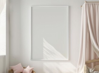 white pastel colors, boho kids bedroom mockup blank frame