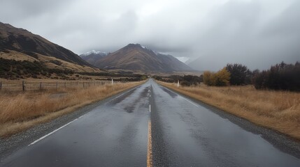 A long, straight road with reflections of mountains and clouds in the wet asphalt, blending the landscape with the road's surface