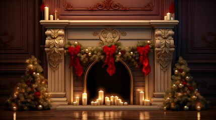 Fototapeta premium Festive Christmas Fireplace with Decorated Mantle and Lit Candles