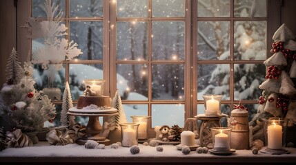 Cozy Winter Window with Candles Snowy Landscape Christmas Decorations