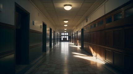 Empty School Hallway Corridor Vintage Architecture Light Beams Classroom Doors
