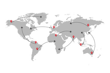 World map with flight routes, silhouettes of aircraft flights on the map. plane moves along the trajectory.