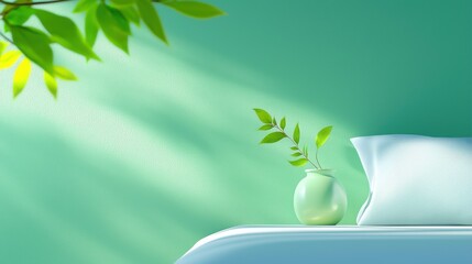 Green Minimalist Bedroom Interior Design with Plant and Pillow