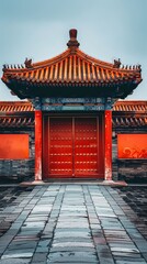 Fototapeta premium Traditional Chinese Architecture with Red Doors and Stone Pathway