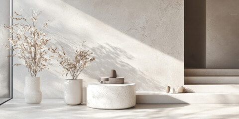 Elegant white stone podium with faint marble patterns, perfect for high-end products, set in a modern, minimalistic space