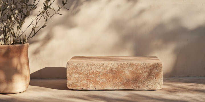 Rustic terracotta stone podium with rough finish, ideal for eco-friendly or artisanal products