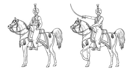 Drawing with the mounted Mamluk. Mounted soldier of the Napoleonic army to color in.