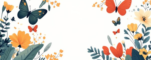 Obraz premium Colorful butterflies and flowers in a decorative floral frame